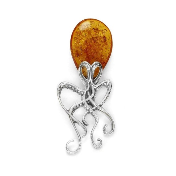 Octopus Pendant Slide with Genuine Baltic Amber Sterling Silver Octopus Pendant Slide with Genuine Baltic Amber Sterling Silver