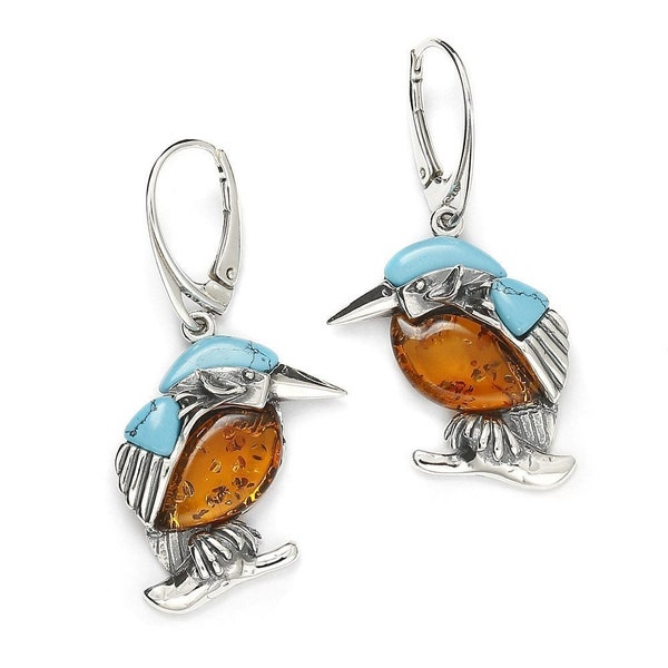 Sterling Silver handmade vintage earrings with baltic amber kingfishers Women Jewelery, gift for Mom Wife Sister