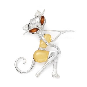 Silver cat pendant with amber