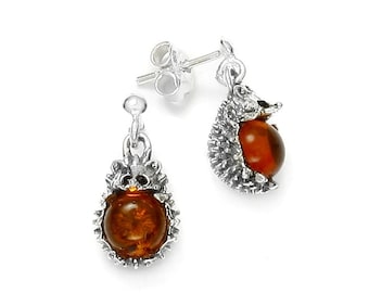 Sterling Silver handmade vintage hedgehog earrings with baltic amber Women Jewelery, gift for Mom Wife Sister