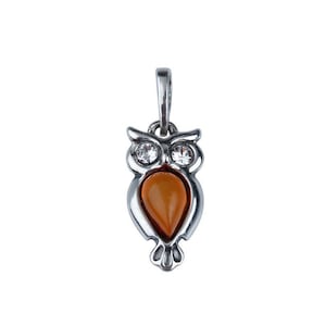 Sterling Silver handmade vintage owl pendant with baltic amber Women Jewelery, gift for Mom Wife Sister