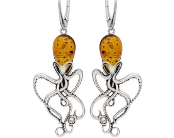 Octopussy Sterling Silver handmade vintage earrings with baltic amber Women Jewelery, gift for Mom Wife Sister