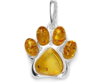 Pendentif argent patte de chien avec ambre