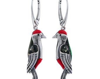 Silver earrings Woodpeckers with amber