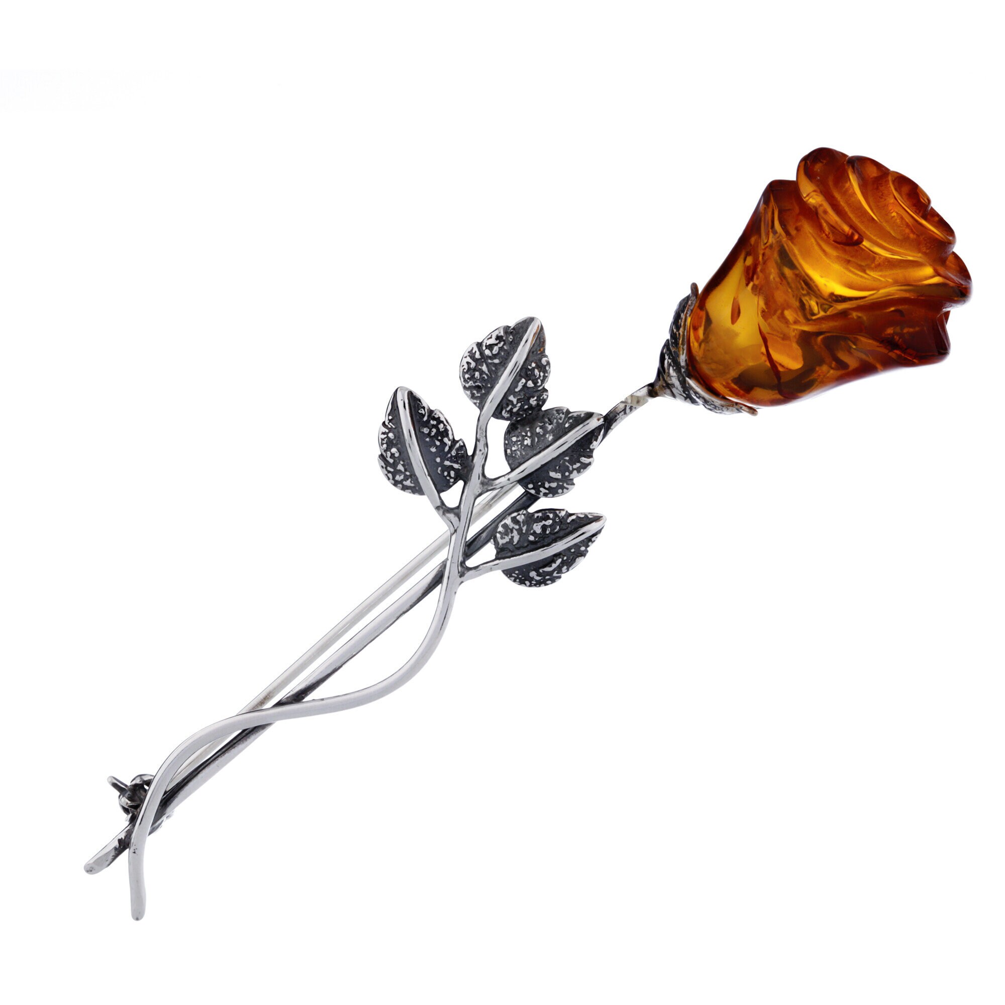 Silver Rose Brooch with amber