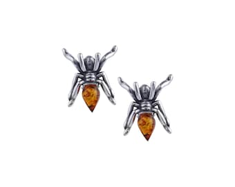 Sterling Silver handmade vintage earrings with baltic amber spider veins Women Jewelery, gift for Mom Wife Sister
