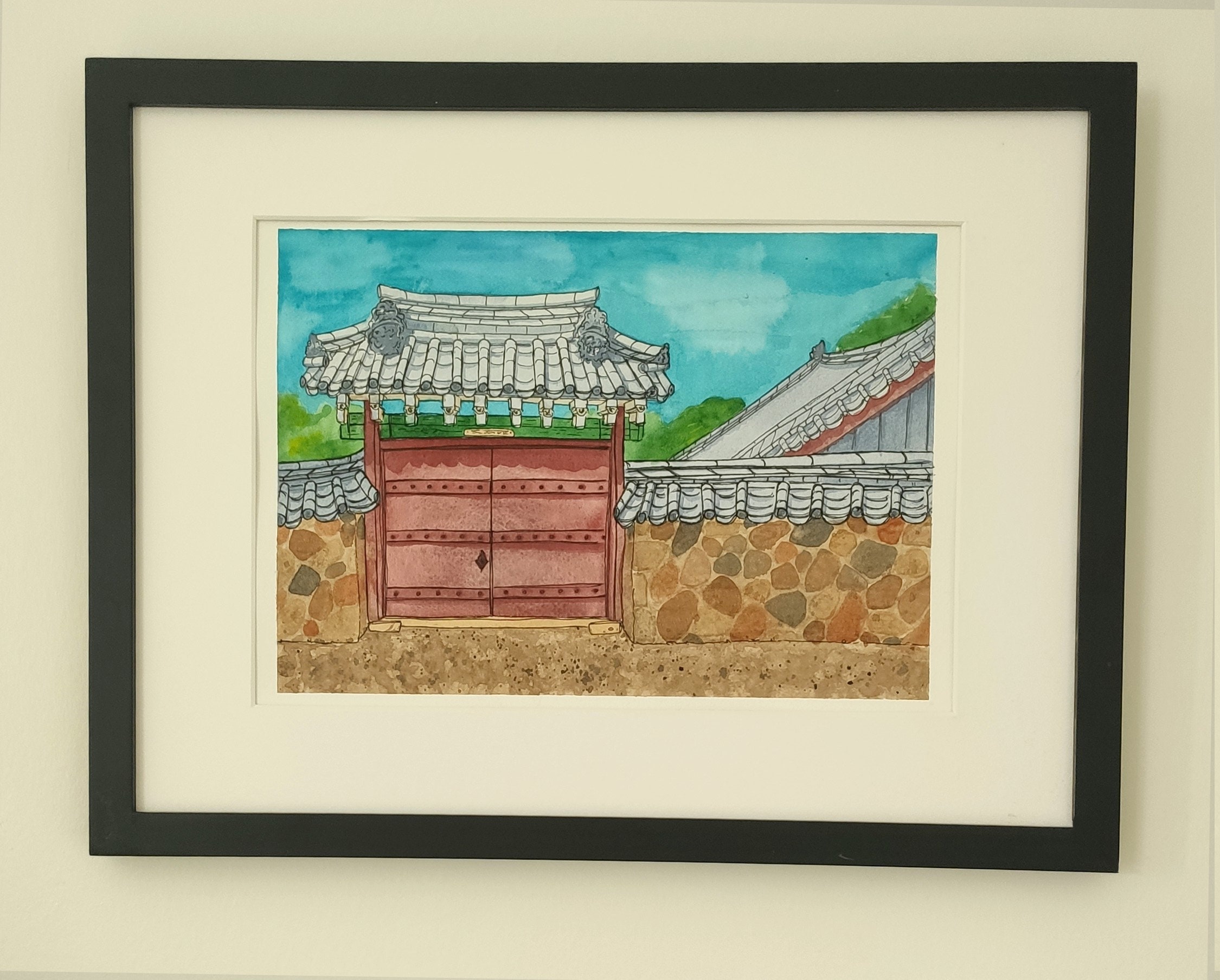 Aquarelle Temple Coréen - Handmade Made in France 100% Coton