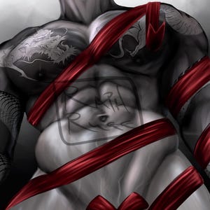May include: A muscular torso with a dragon tattoo and red ribbons tied around it. The text "Raph Riger" is visible on the torso.
