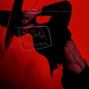 Op de afbeelding: Digitale kunstillustratie van een figuur in een zwarte outfit en hoed tegen een rode achtergrond. De figuur leunt achterover, met een hand bij het gezicht. De afbeelding heeft de tekst "@GLASSHALFILLUSTRATED" en "TRATH RUSE".