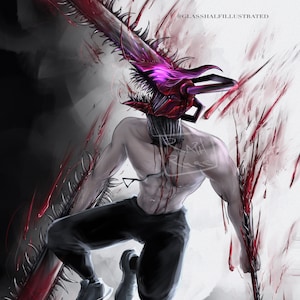 May include: A person wearing a black mask and black pants with a bloody chainsaw attached to their head. The chainsaw has a red and black design with sharp teeth. The background is white with red splatters of blood.