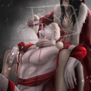 May include: A man wearing a Santa hat pours red liquid from a glass into the mouth of another man wearing a Santa hat. The man receiving the liquid has blood dripping down his chest. The background is a snowy scene.