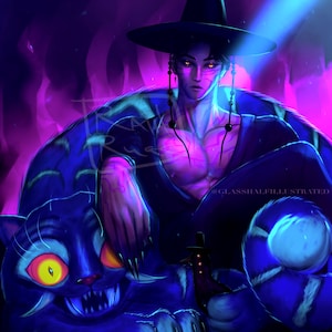 May include: Digital art illustration of a person wearing a black hat and dark clothing, seated on a blue and purple creature with glowing yellow eyes. The artwork has a fantasy theme with a dark, neon color palette.