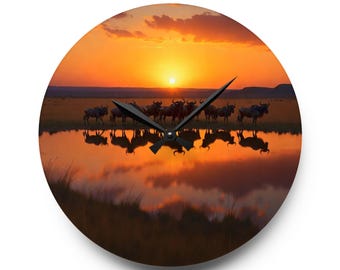 Sunset Wildebeest Silhouette Acrylic Wall Clock | Marsh Landscape, Rustic Boho Decor