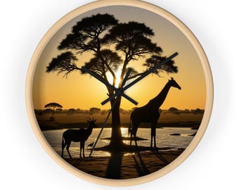 Giraffe Sunset Wall Clock - African Safari Nature Decor