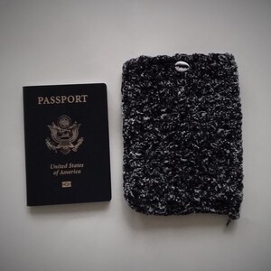 Passport Cover in Black Tweed Chenille with Cowrie Shell Button - Crocheted