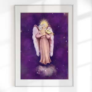 Poster / print guardian angel of music with starry sky, A6 postcard, lucky drawing 29,70x 42 cm