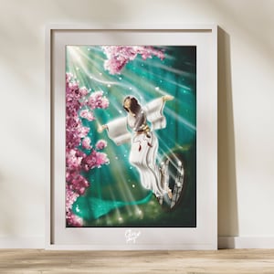 Out of the loop, print, spiritual illustration, Japanese woman in kimono in nature, Japanese poster