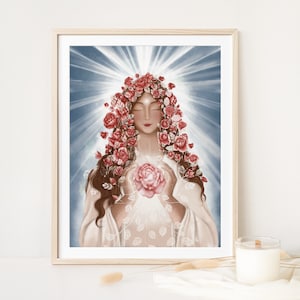 Affiche / Poster A4 Sainte Marie Madeleine apôtre de Jesus Christ coiffée de fleurs rose , rose christ décoration murale et carte postale