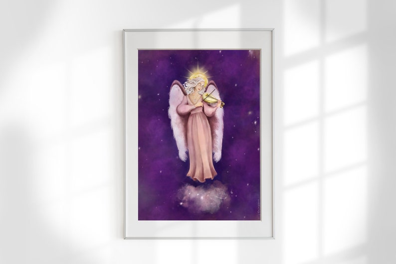 Poster / print guardian angel of music with starry sky, A6 postcard, lucky drawing 29,70x 42 cm