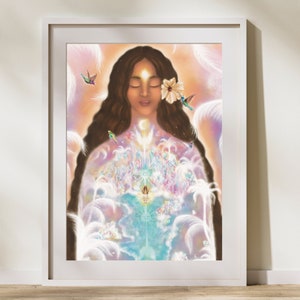 Le Royaume intérieur print et carte postale femme polynésienne cocotiers plage paix colibris art vibratoire