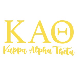 Puede incluir: Gráfico amarillo de las letras griegas KAO con las palabras Kappa Alpha Theta en una fuente de escritura. Las letras y el texto son de color amarillo brillante sobre un fondo blanco.