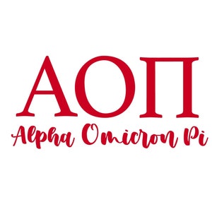 May include: Red letters A, O, and Π, with the words "Alpha Omicron Pi" in a cursive font, on a white background. The letters are bold and stand out against the clean backdrop. The overall design is simple and elegant.