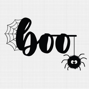May include: Black and white silhouette of the word "boo" with a spider hanging from the "o". The spider has a fuzzy body and googly eyes.