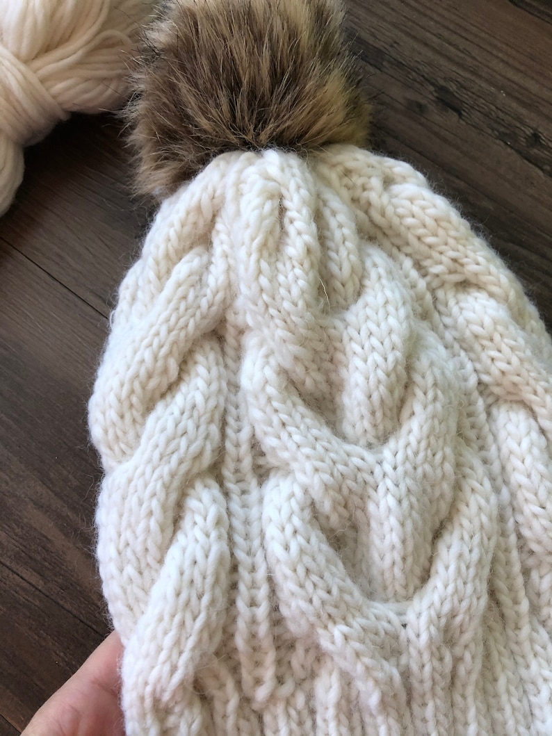Caroline Cable Knit Beanie Pattern / Chunky Knit/ Adult Wool Hat/ Fur ...