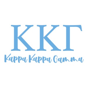 May include: A white background with the Greek letters K K Γ in light blue. Below the letters, the words "Kappa Kappa Gamma" are written in a cursive, light blue font.