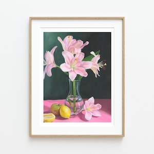Lirios y limones - Impresión artística Giclée, pintura de lirios, pintura de limones, arte de limones, pintura acrílica de flores, decoración de pared, láminas bonitas