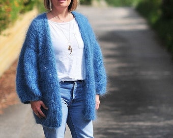 Hand knitted mohair cardigan with balloon sleeves - denim blue, natural mohair cardigan size 8/10/12/14 - made to order