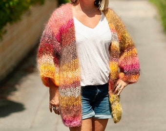 Hand knitted mohair cardigan size 8/10/12/14 - chunky knit - made to order pink orange yellow, bespoke