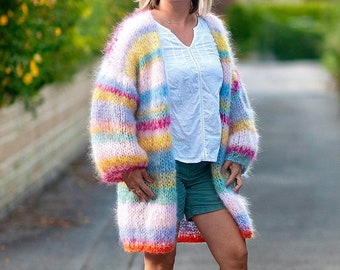 Mohair cardigan with balloon sleeves size 8/10/12/14 - hand knitted in light pale pink yellow lavender mint or choose your own colours