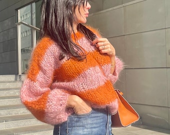 Striped mohair jumper hand knitted pink burnt orange oversized natural mohair jumper size 8/10/12