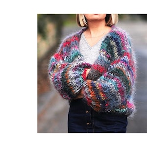 Mohair sweater hand knitted colourful cardigan with balloon sleeves oversized - stripy rainbow mohair sweater