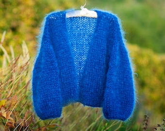 Hand knitted cardigan handmade - mohair wool. Made to order cobalt blue, off white, pink, khaki olive moss green, navy , mustard yellow