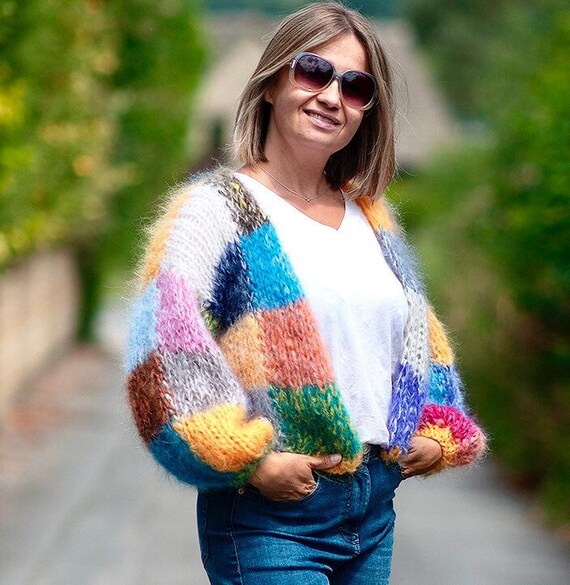 Mohair Cardigan Hand Knitted Patchwork 