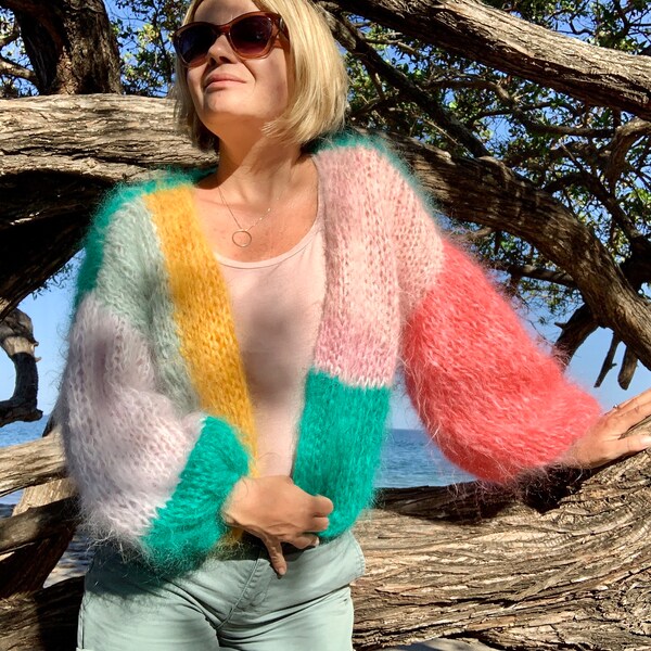 Colorful mohair cardigan size 8/10/12/14 - chunky knit - made to order coral pink, green emerald, lavender, yellow, bespoke