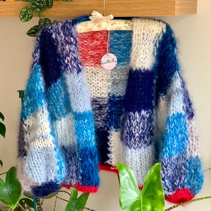 Vintage Mohair Knit Cardigan Patch Work Blue White 10 12 14