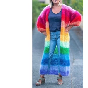 Mohair cardigan / natural mohair kimono coatigan / cardigan coat / long mohair cardigan rainbow duster coat hand knitted cardigan 8/10/12/14