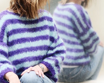 Stripey mohair jumper hand knitted purple and baby blue natural mohair jumper size 8/10/12