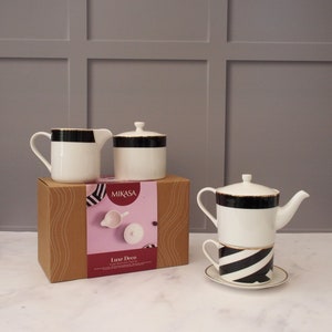 Luxe Deco Art Deco Tea For One Sugar Pot And Creamer Set Giftable Packaging Fine China Tea Set Birthday Gifts