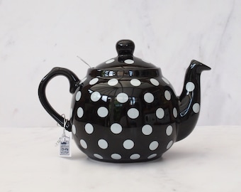 4 Tassen-Schwarz-Steinzeug-Teekanne mit weißen Punkten und Edelstahl-Infuser-Polka-Dot-Teekanne-Geburtstags-Geschenk-Mutter-Tagesgeschenken