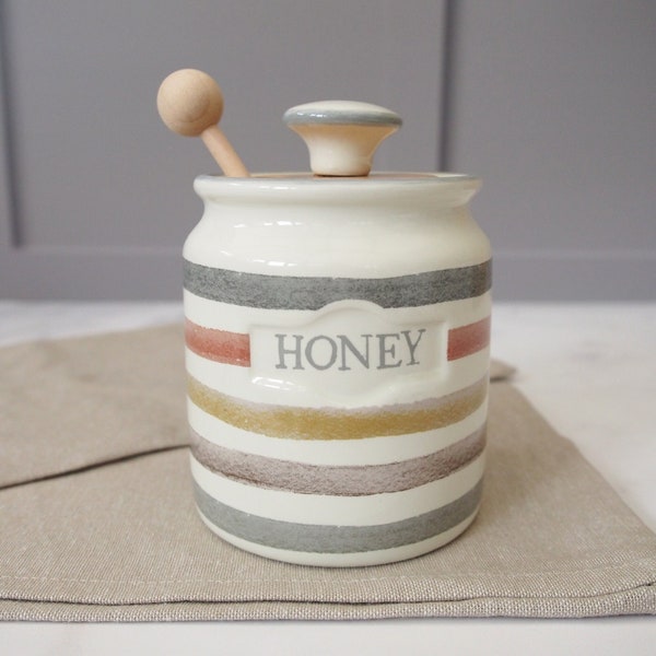 Rustic Style Ceramic Honey Pot With Wooden Dipper And Striped Design Birthday Gifts Kitchenware Houseware Gifts