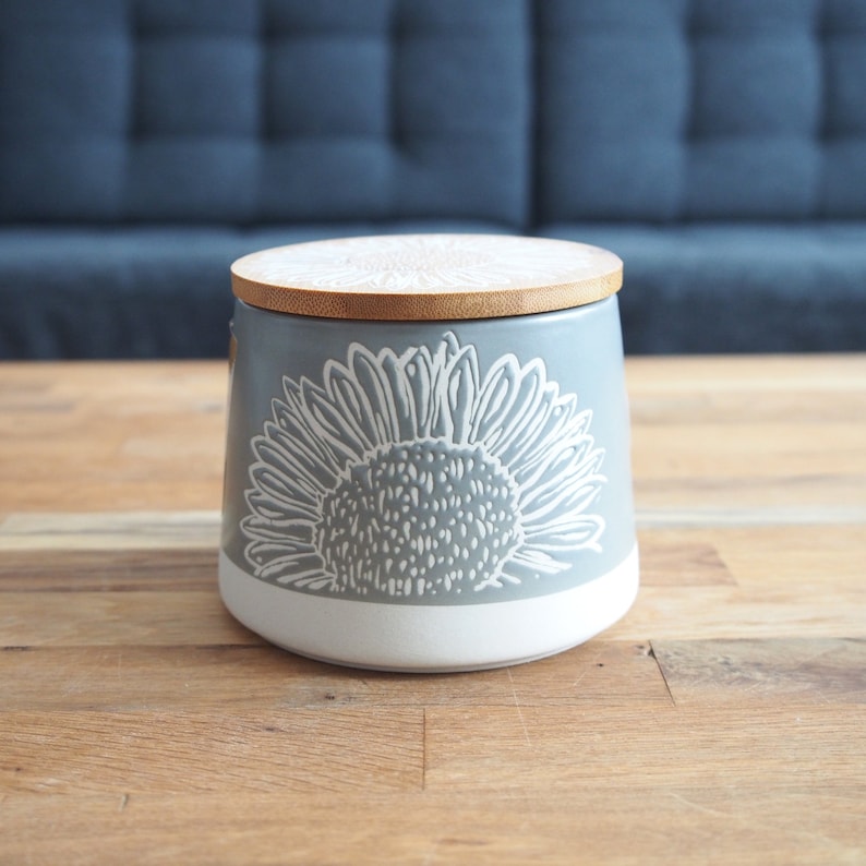 Grey Ceramic Canister for Tea Coffee Sugar Styled with Sunflower 