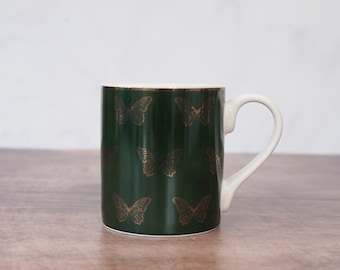 280ml Green Porcelain Mug With Gold Butterflies Print Giftable Packaging Birthday Gifts Christmas Gifts
