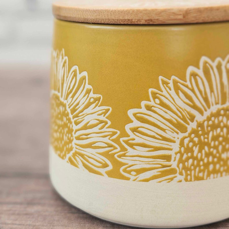 Yellow And Grey Stoneware Canisters For Tea Or Coffee Storage Sunflower Details And Bamboo Lid Handcrafted Design Kitchen Canisters Gifts image 6