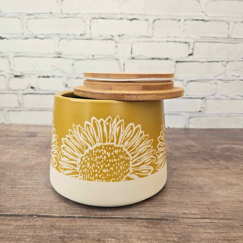 Yellow And Grey Stoneware Canisters For Tea Or Coffee Storage Sunflower Details And Bamboo Lid Handcrafted Design Kitchen Canisters Gifts image 7