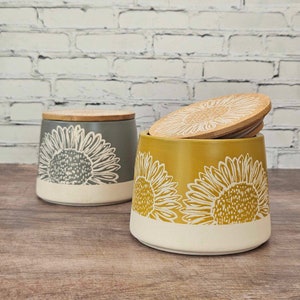 Yellow And Grey Stoneware Canisters For Tea Or Coffee Storage Sunflower Details And Bamboo Lid Handcrafted Design Kitchen Canisters Gifts