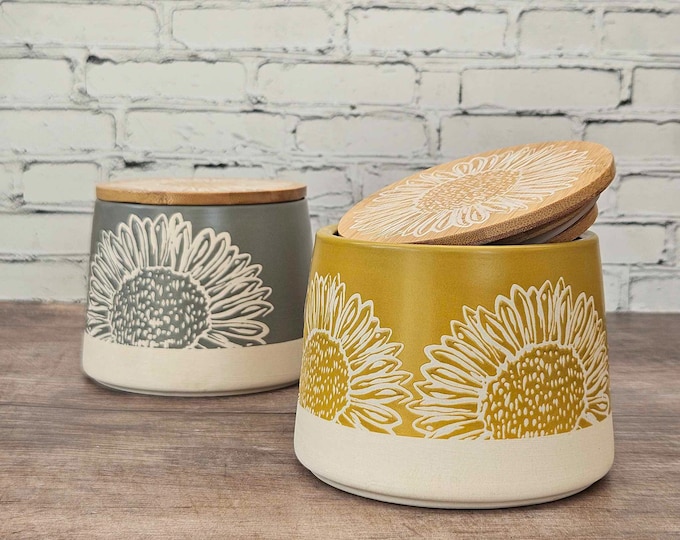 Yellow and Grey Stoneware Canisters for Tea or Coffee Storage Sunflower ...
